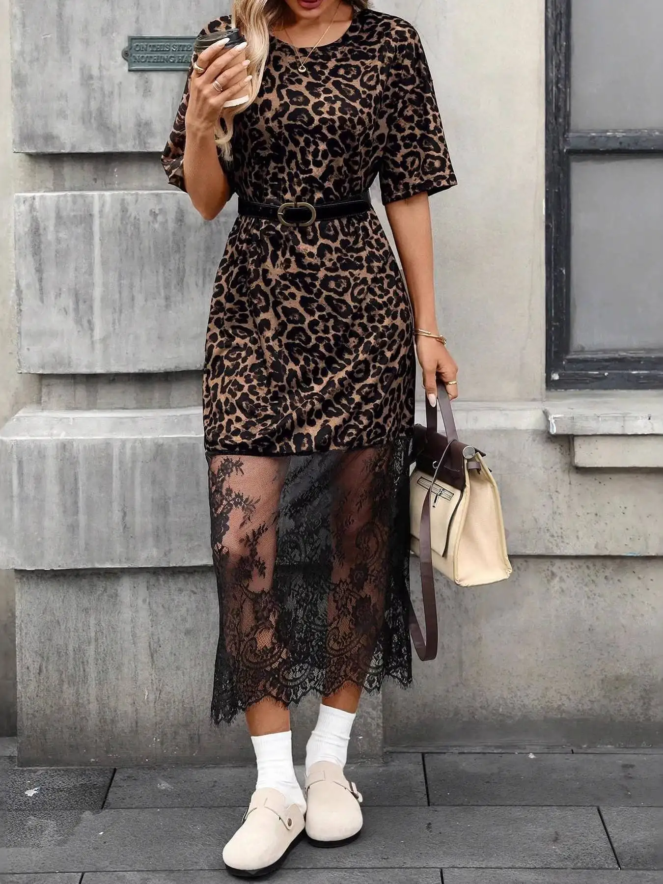 Loose Waist Straight Tube Lace Dress round Neck Short Sleeve Casual Dress Pure Color Splicing Skirt for Women Leopard Print