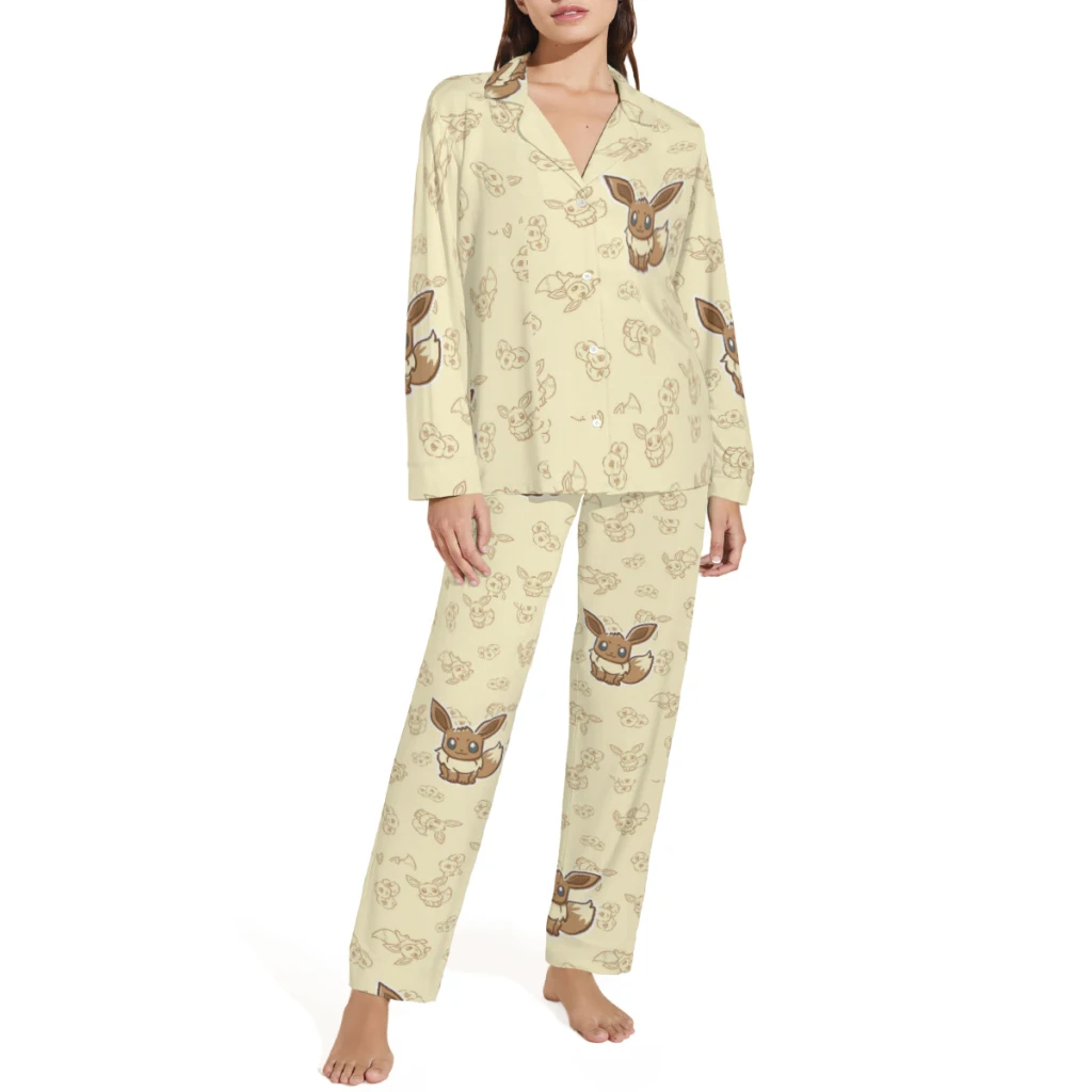 Pyjama-Set mit Pokémon-Aufdruck, lässiges und bequemes, langärmliges Oberteil und Hose mit Knöpfen, Pyjama und Loungewear für Damen und Herren