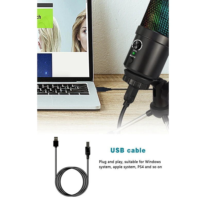 Recording Mic, RGB Condenser Microphone For Recording Streaming Youtube Zoom Podcasting Portable Live Broadcast Mic