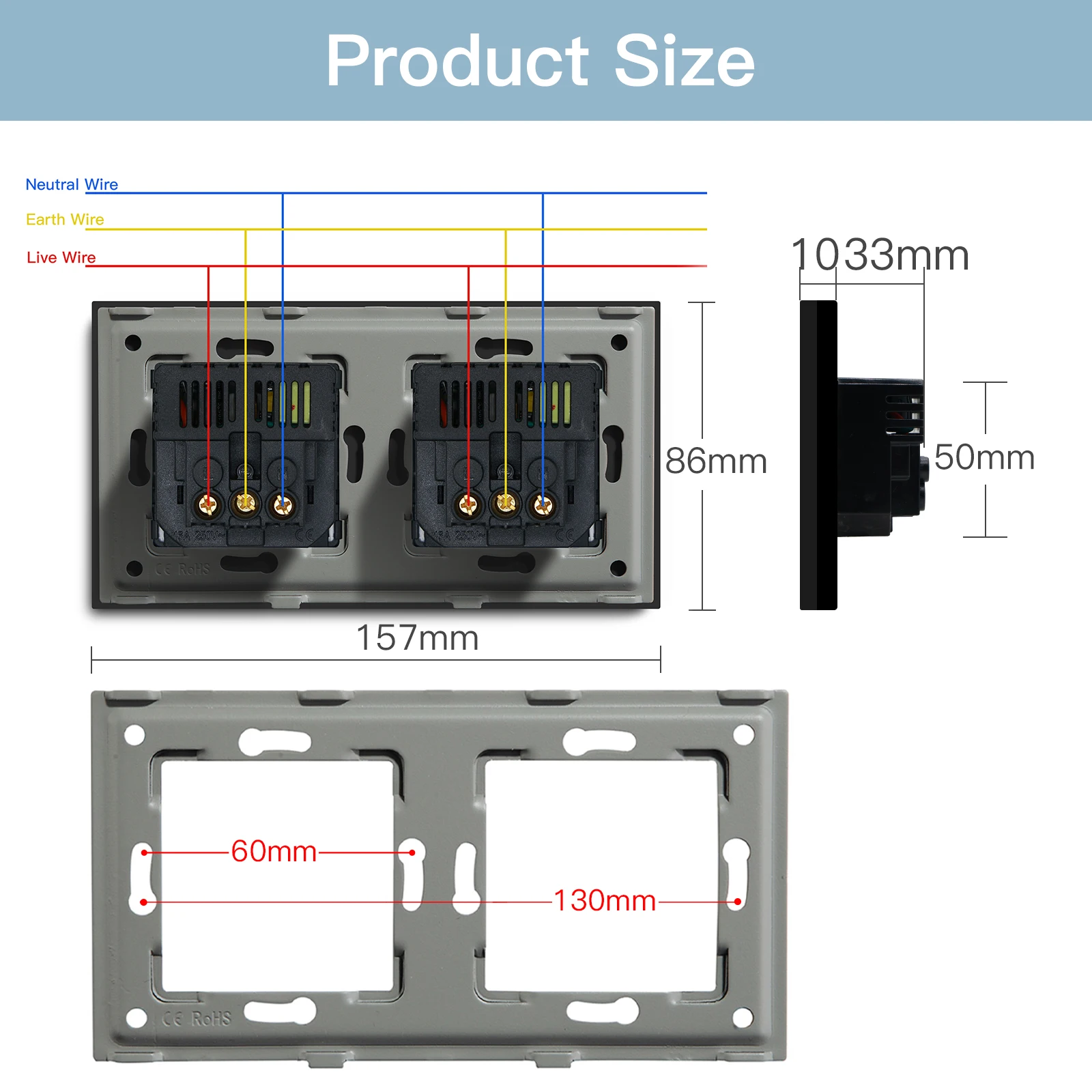 BSEED Single EU Wall Socket USB Type-c Ports Double Waterproof Cover Bathroom Power Sockets Triple Glass Electric Outlets 16A