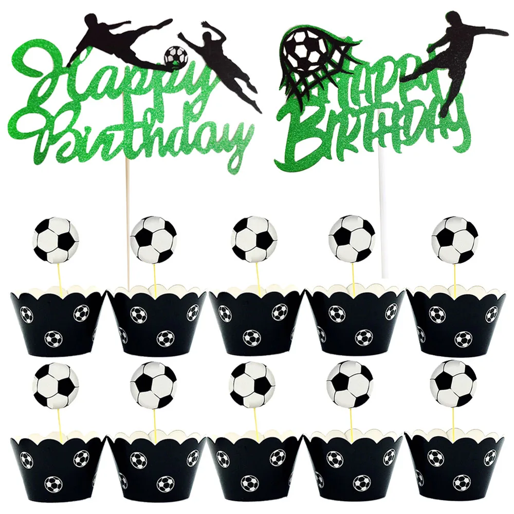 Soccer Theme Cake Topper Cupcake Topper Wrapper Football Ball Athletes Pattern Boys Happy Birthday Party Decoration Supplies