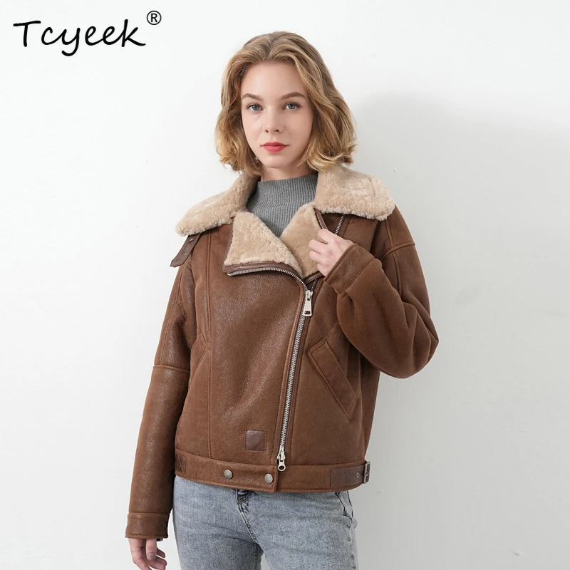 Tcyeek Real Sheepskin Autumn Winter Trendy Retro Motorcycle Caramel Color Short Women's Shearing Wool Fur Coat Manteau Femme