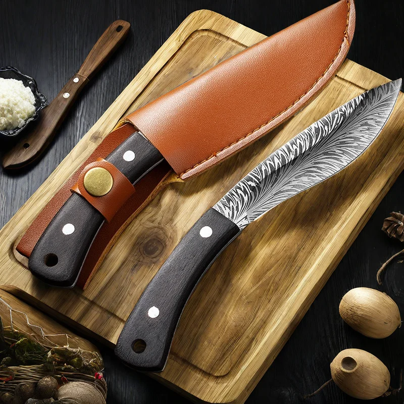 Stainless Steel Utility Knife Wooden Handle Kitchen Boning Knife With Cover Cleaver Barbecue Cutting Knife Paring Cooking Tools