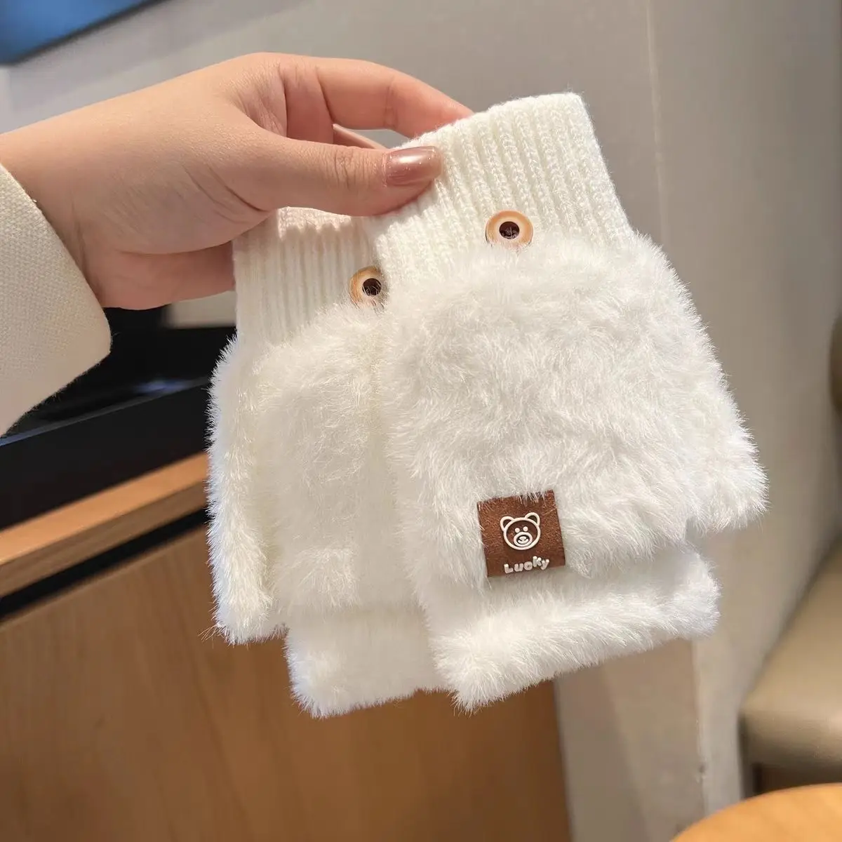 Winter Women's Fuzzy Gloves Flip-Top Student Writing Fingerless Mittens Warm Thick Cute Bear Typing Office Plush Lady Gloves