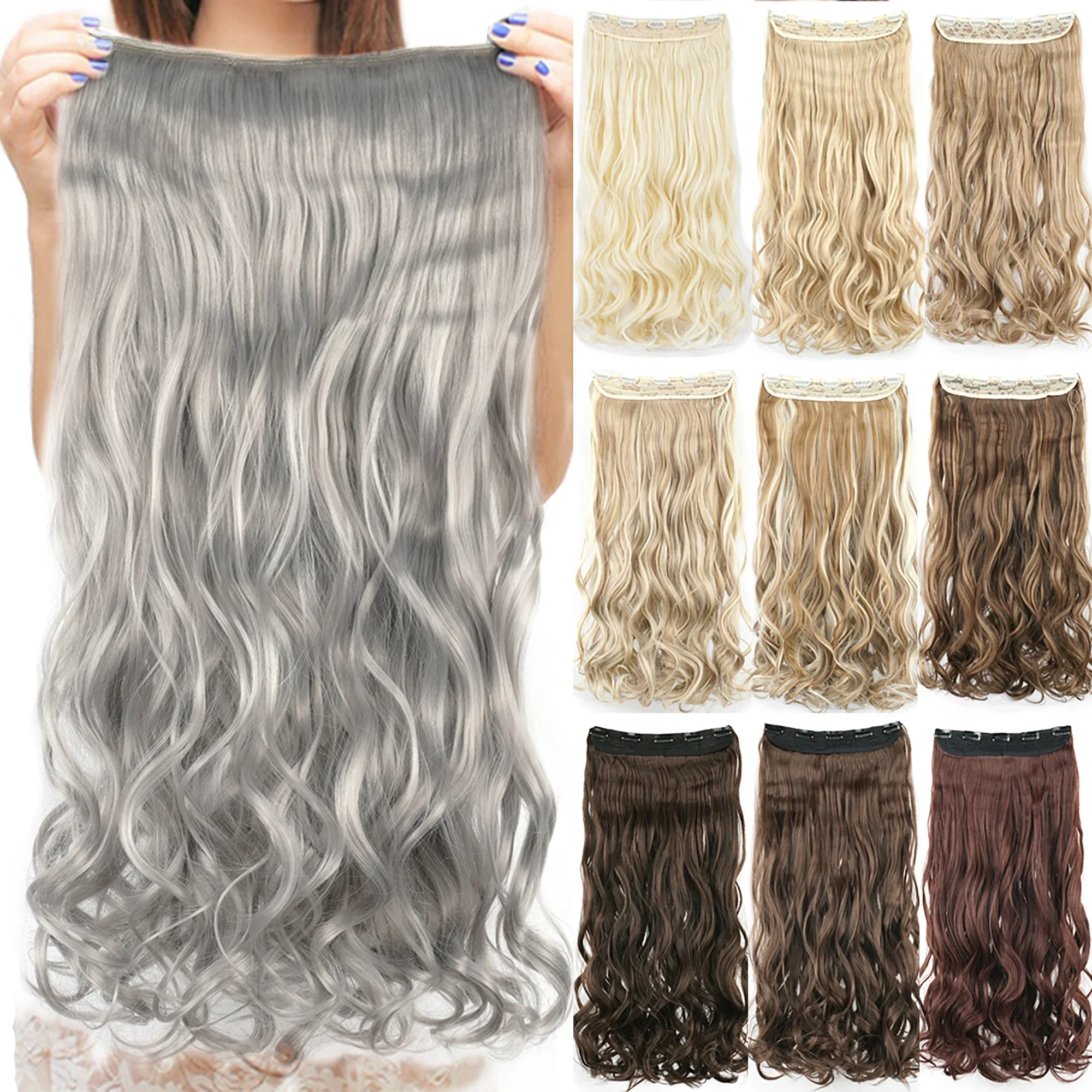 

28 Inche Long Synthetic Gray Clip In Hair Extensions Fake Hair Clip Ins One Piece Hair Pieces for Women