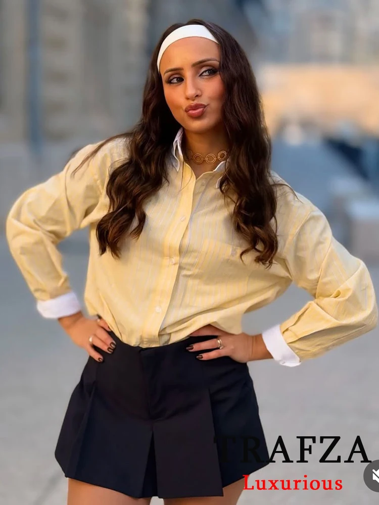 

TRAFZA Vintage Casual Blouse Yellow Striped Long Sleeve Turn-down Collar Single Breasted Loose Blouse Fashion 2025 Spring Shirts