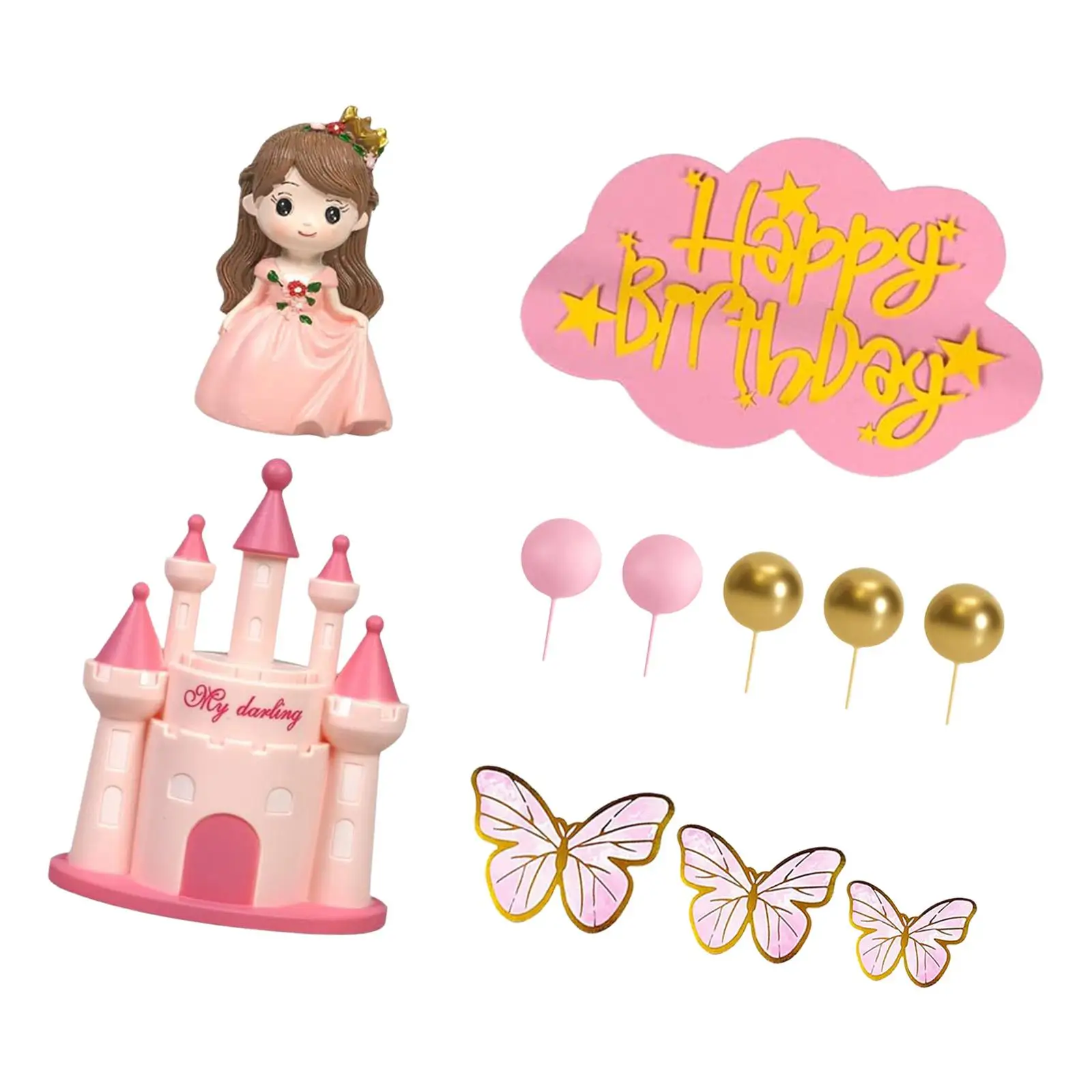 Mermaid Cake Topper Pink Castle Princess Figurines Butterfly Balls for Baby Shower Girls Birthday Decorations