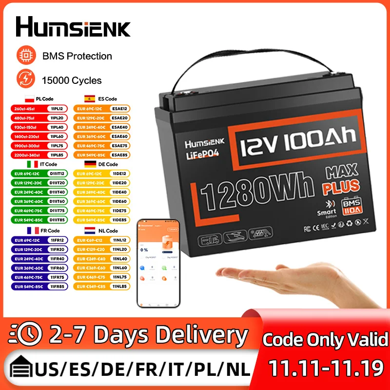 بطارية Humsienk Bluetooth 12V LiFePO4 100AH MAX 13000 دورة في الوقت الحقيقي تحقق من التخزين المنزلي مثالية لمحركات التصيد، RV، القارب