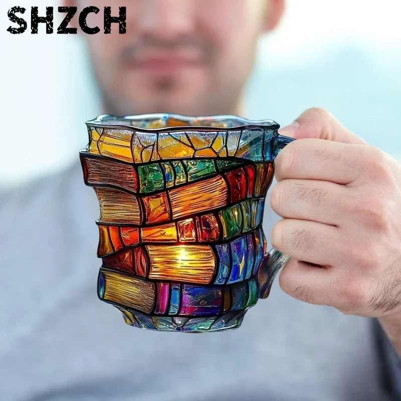 3d Painted Books Coffee Mug, Colorful Acrylic Books Stack Shaped Coffee Cup Gifts for Book Lovers Readers Librarians Writers
