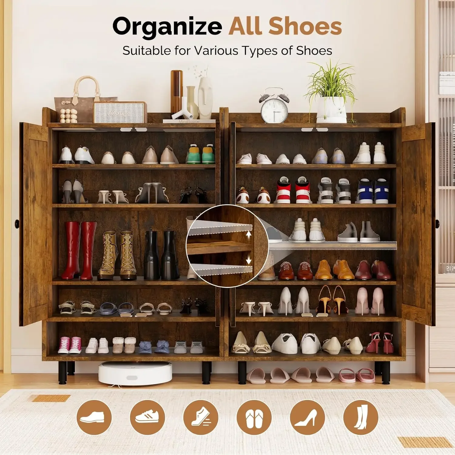 

6-story Farmhouse Shoe Cabinet with Adjustable Shelves, Capable of Accommodating 18-24 Pairs of Shoes and Metal Legs