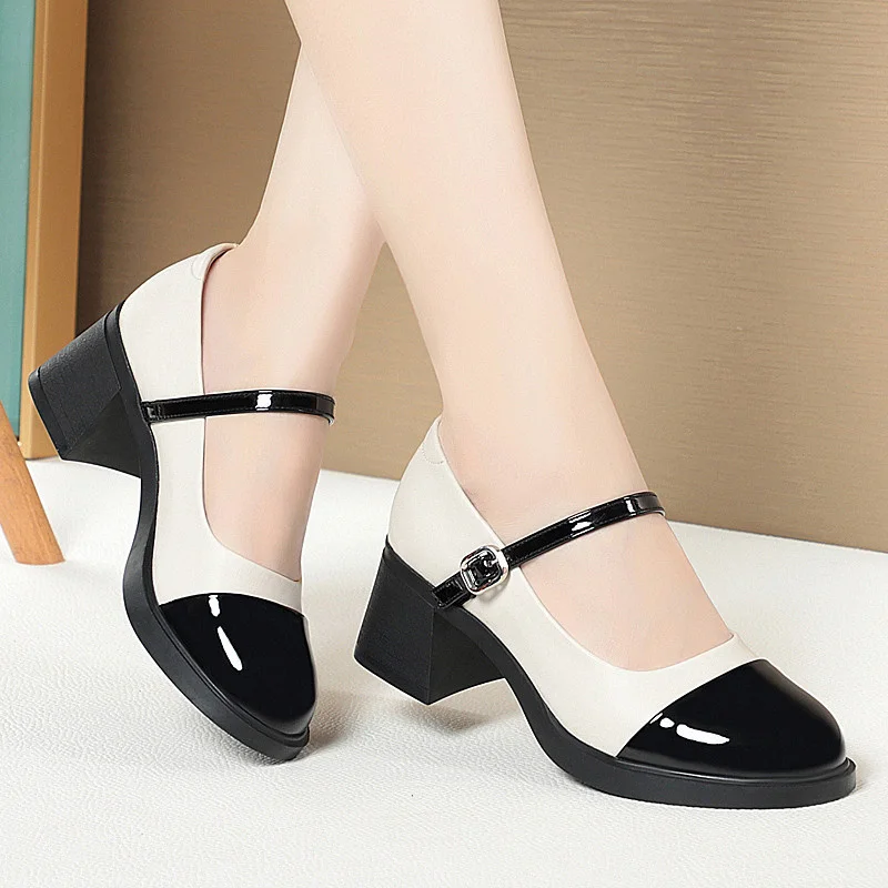 Women Shoes 2024 New Fashion Retro Round Toe Soft Leather Casual Mary Jane Shoes Shallow Mouth Waterproof Platform Shoes