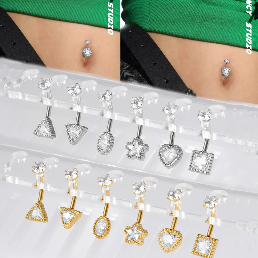 1PC CZ Heart/Square/Star/Triangle Geometry Belly Button Ring 14G Piercing Internal Thread Zirconia Cluster Belly Barbell Stud