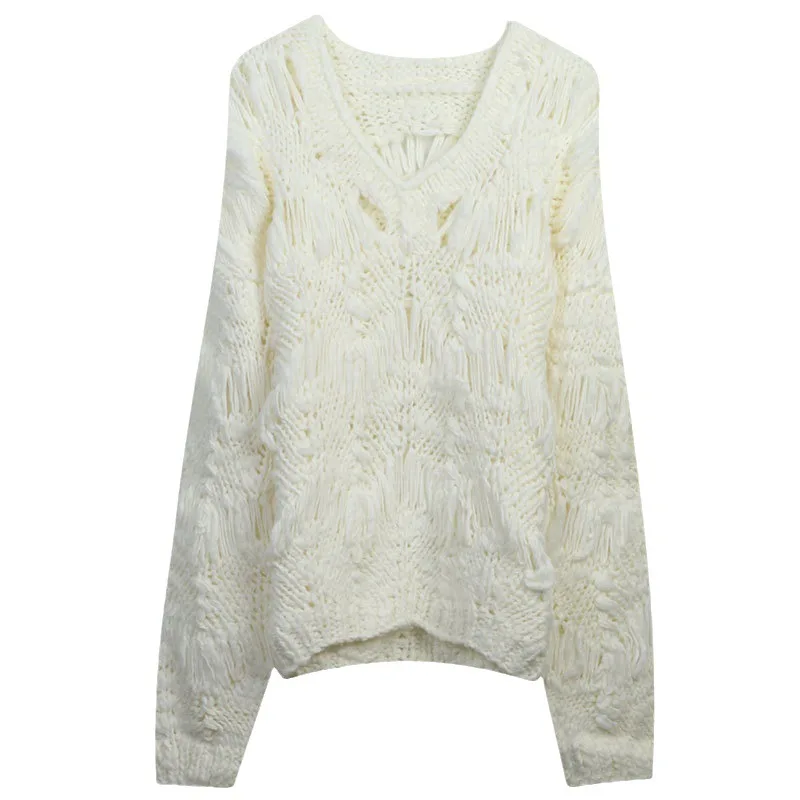 

Осенне-зимний модный женский однотонный вязаный свитер с ажурным узором, свободного кроя, с V-образным вырезом