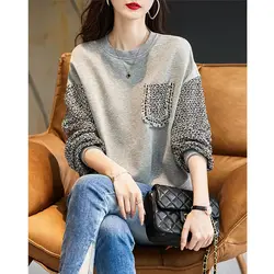 Women's Autumn Winter Fashion Solid Color Pullover Round Neck Pocket Thread Casual Versatile Long Sleeve Loose Sweatshirt Tops