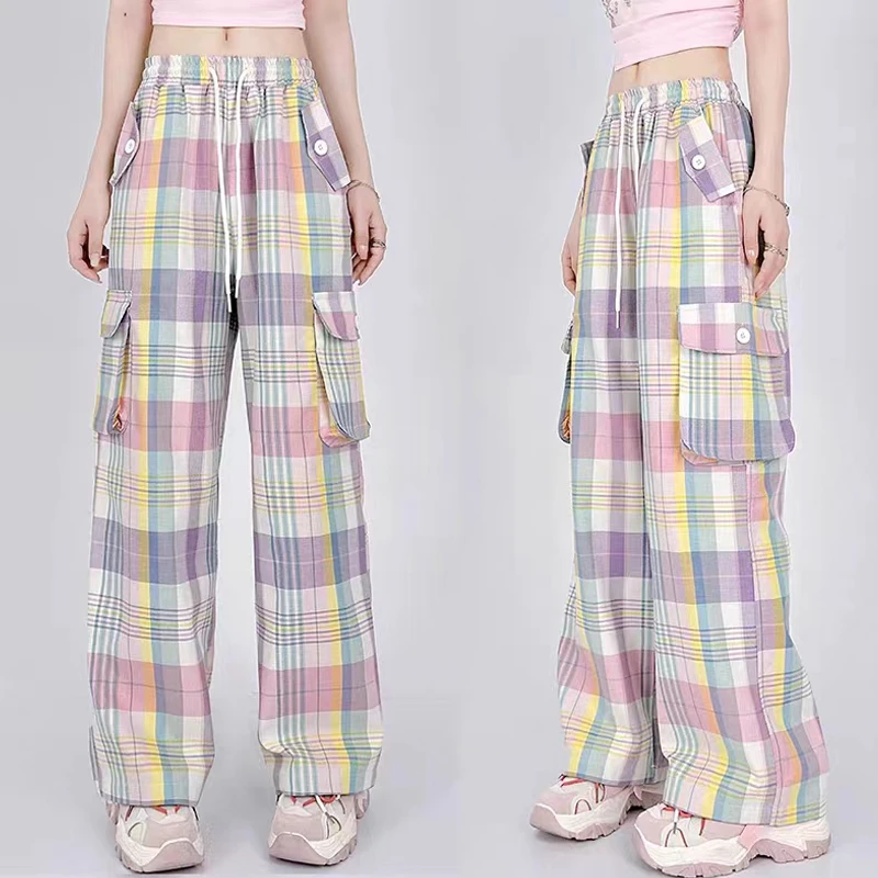 Girls Cargo Pants Y2k Streetwear Overalls Women's Spring Fashion Colorful Plaid Multi Pocket Sweet Cool Straight Wide Leg Pants