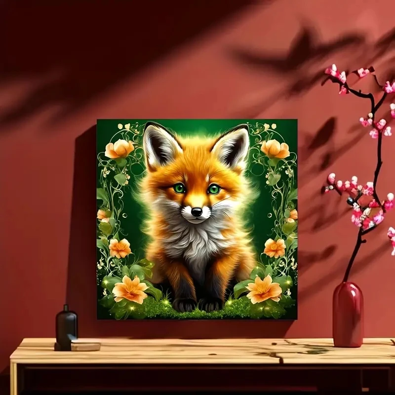 5D Beautiful Flower Jungle Fox Pattern Diamond Painting Set Pack, Animal Series DlY Diamond Painting Mosaic Handmade Art Gift