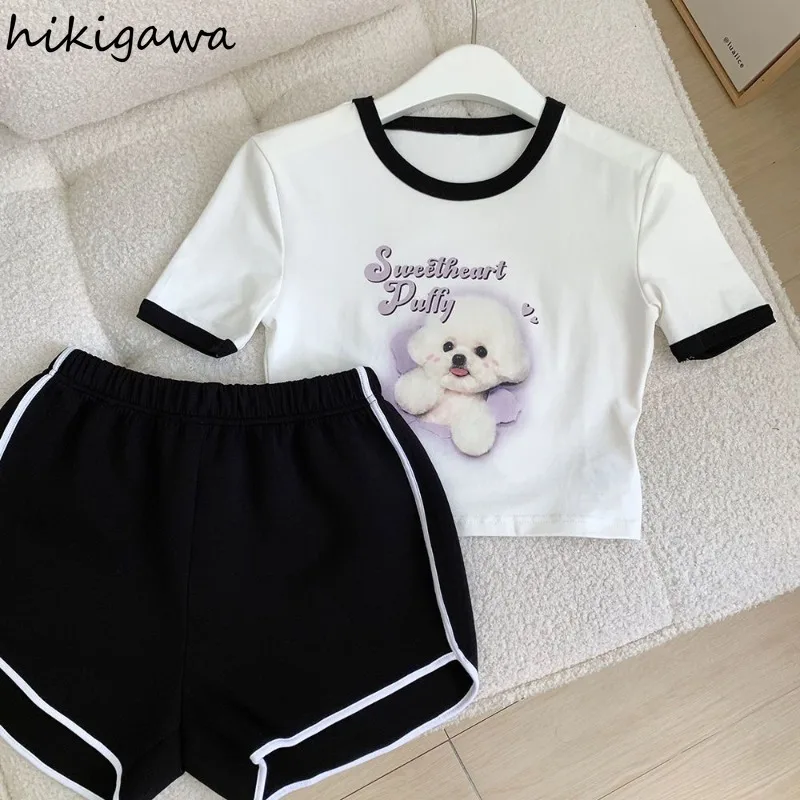 Summer Tracksuit Fashion Two Piece Sets for Women Cartoon White Crop Tshirts Casual Shorts Outftis Roupas Femme Korean Y2k Suit