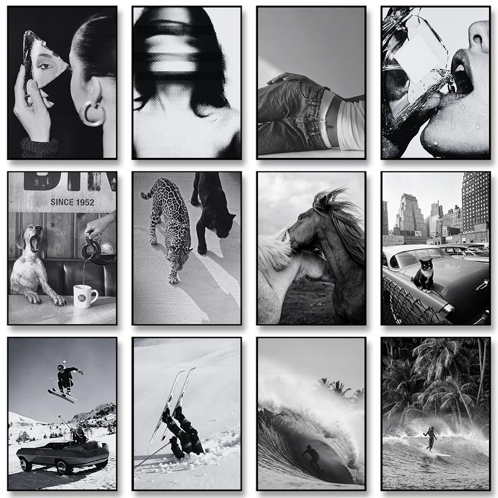 Minimalistisches Schwarz-Weiß-Pferde-Wildleopard-Ski-Surf-Leinwandgemälde Wandkunst Poster Bild Heimdekoration Wandbild Cuadros