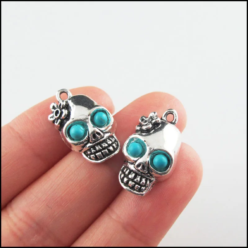 Fashion New Turquoise Stone Charms Angel Owl Animal Spider Snowflower Skull Tibetan Silver Plated Pendants Retro HCJBAB