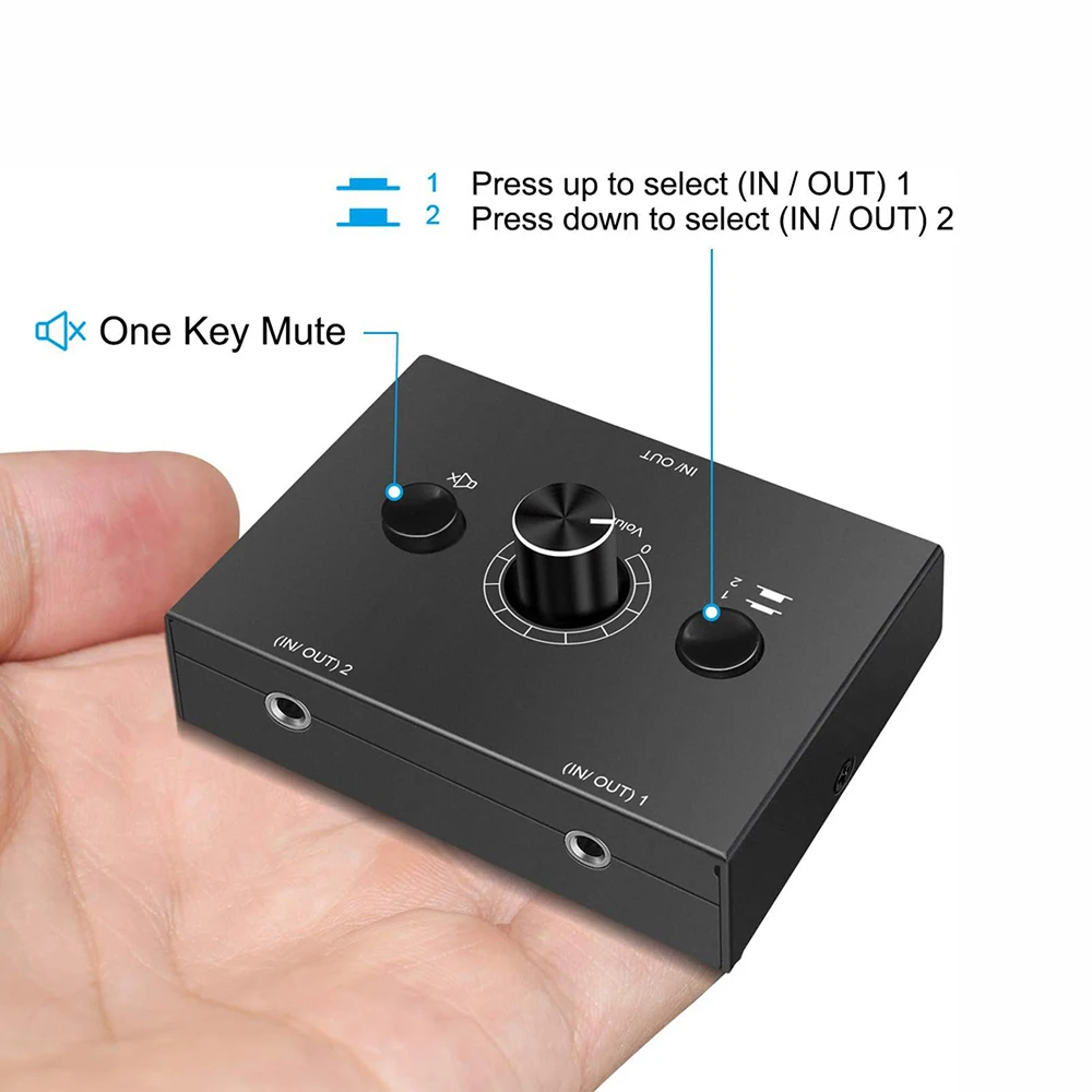 3.5mm Stereo Audio Switcher Bi-Directional Stereo 2Way Audio Switch Splitter Box 2 In 1 Out /1 In 2 Out Adapter With Mute Button