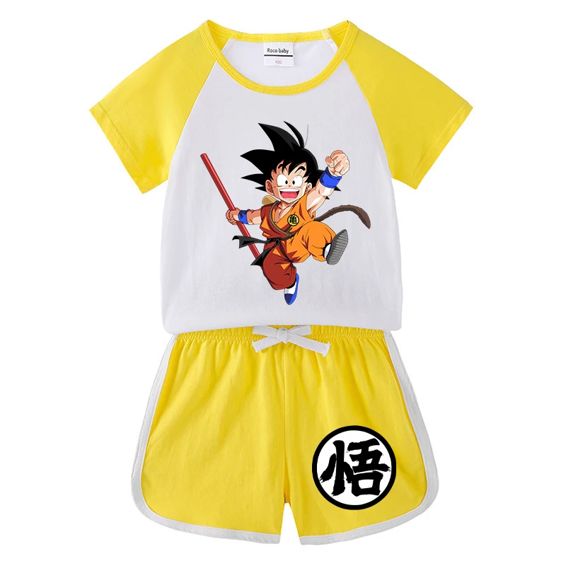 2 stks Dragon Ball T-shirt + shorts Kinderkleding Cartoon Anime Korte Mouw Pak Kid Goku Trendy Thuis Kleding geschenken Cool Tee