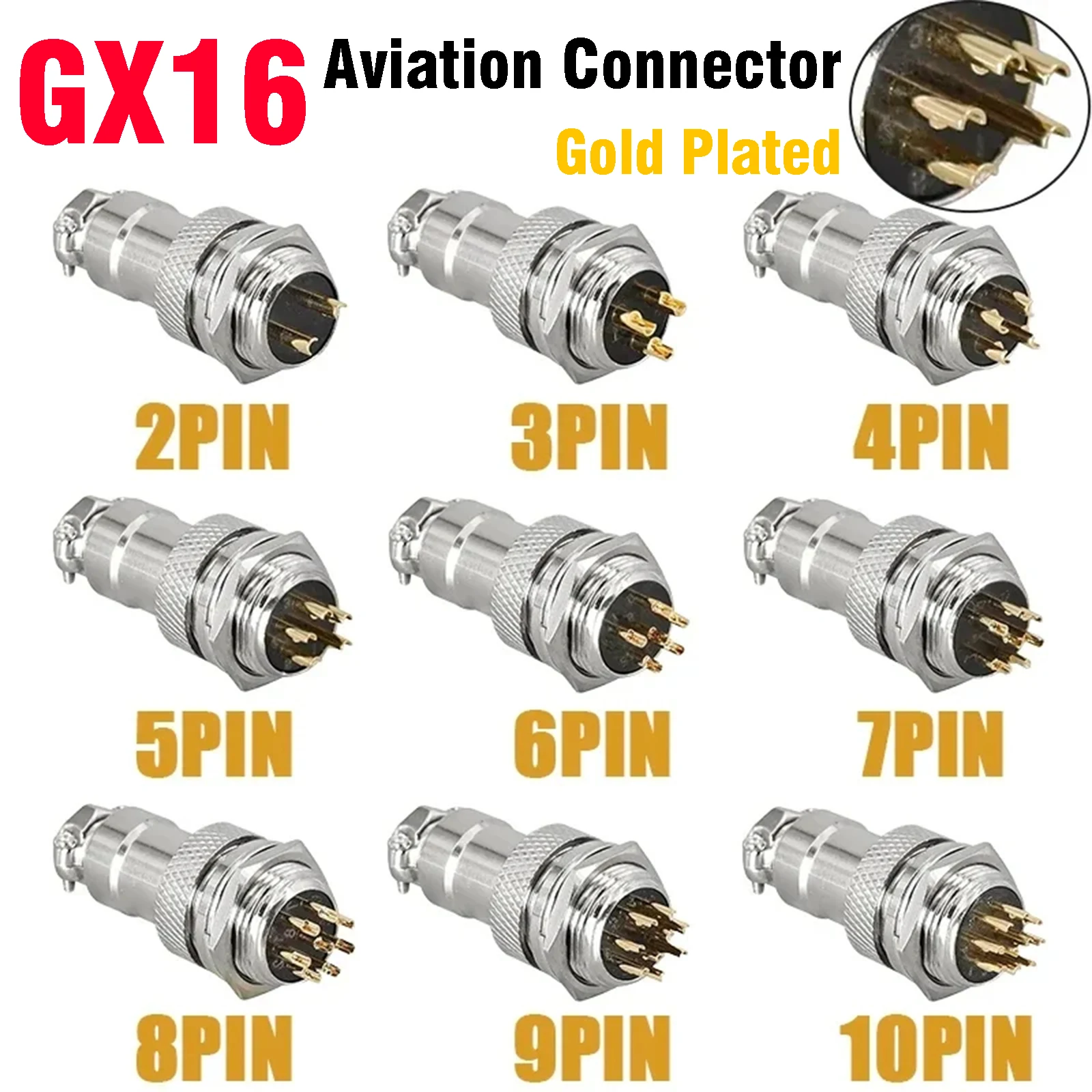 

5/20/100Set GX16 2 3 4 5 6 7 8 9 10 PIN Gold Plated Aviation Plug Socket Male Female 16mm M16 Wire Panel Circular Connector