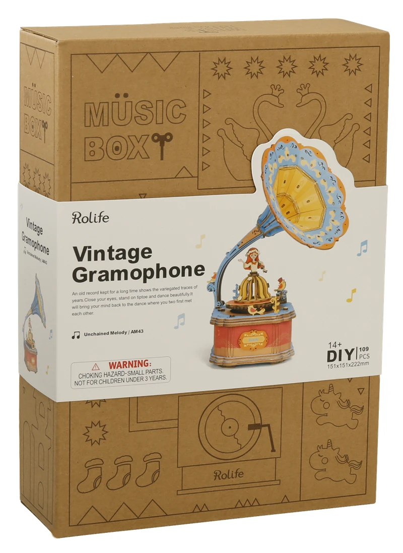 Kids Education Toy DIY Gramophone 3D Puzzle Game Assembly Moveable Music Box Toy Gift for Children Adults Living Room Decoration