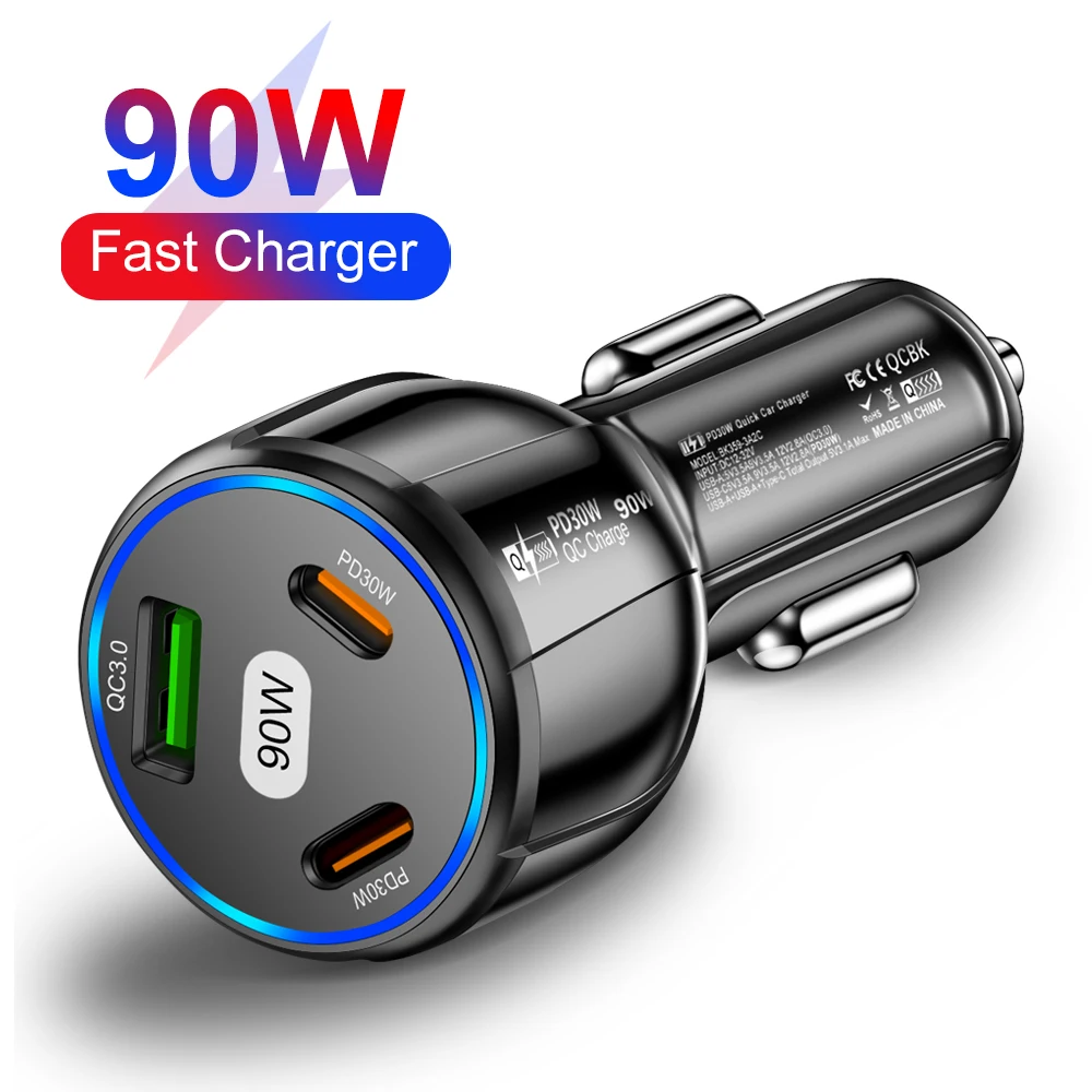 90W Fast Charger 3 Ports PD USB Car Charging Mobile Phone Type-C Adapter Quick Charger in Car for iPhone 14 15 Pro/Max Samsung