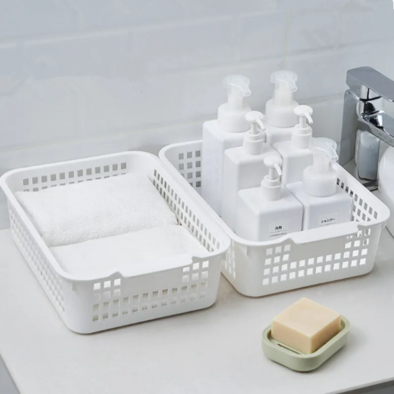 Household Plastic Hollow Desktop Storage Basket Snack Storage Basket Rectangular Sundries Storage Box Bathroom Rack Basket