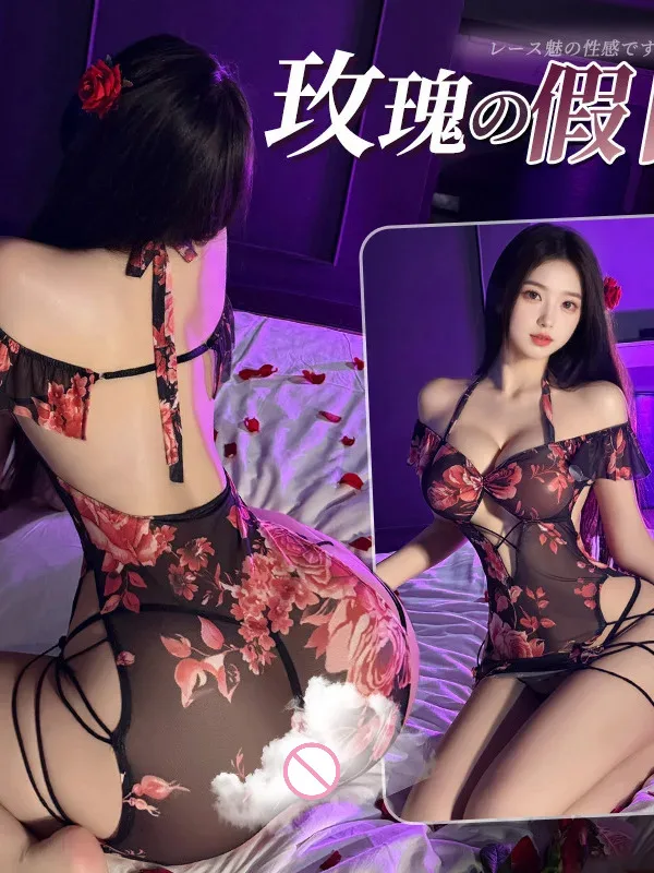 Sexy vrouwen Jurk Elegante See-through Hollow Out Bodycon Jurk Rose Print Tie Slaap Jurk T-shirts Mini jurk Tops 7VFB