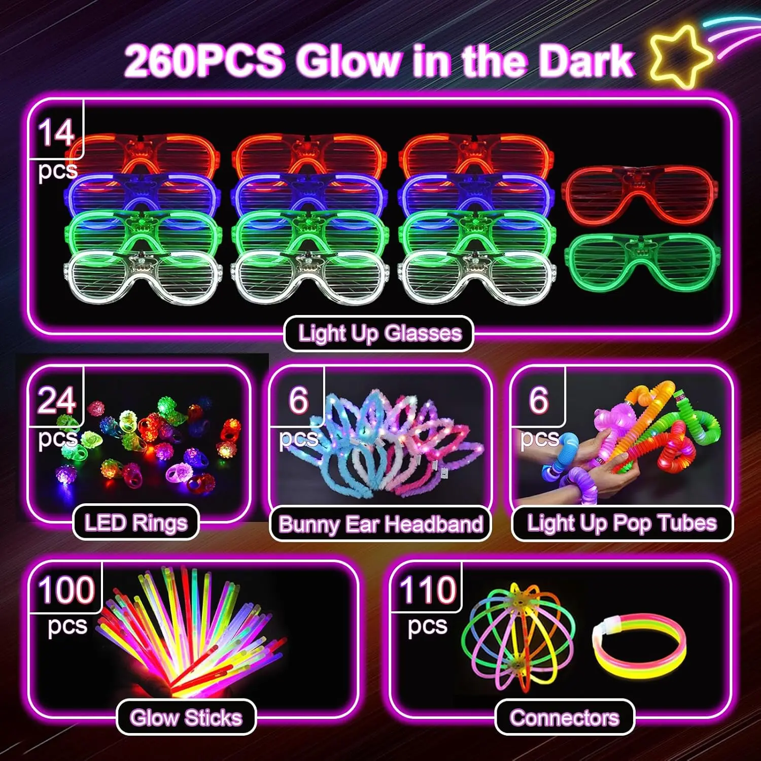 150PCS/set Glow Sticks Bulk Party Pack DIY Glow Glasses Headbands Necklaces for Party Decoration 100 Sticks 50 LED Light Up Toys