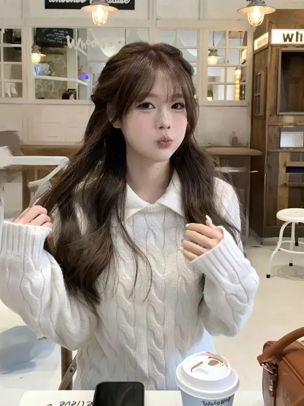 

Вязаный топ для похудения с отложным воротником, облегающий, красивый, весенний, для миниатюрных фигур, омолаживающий, модный, женский.