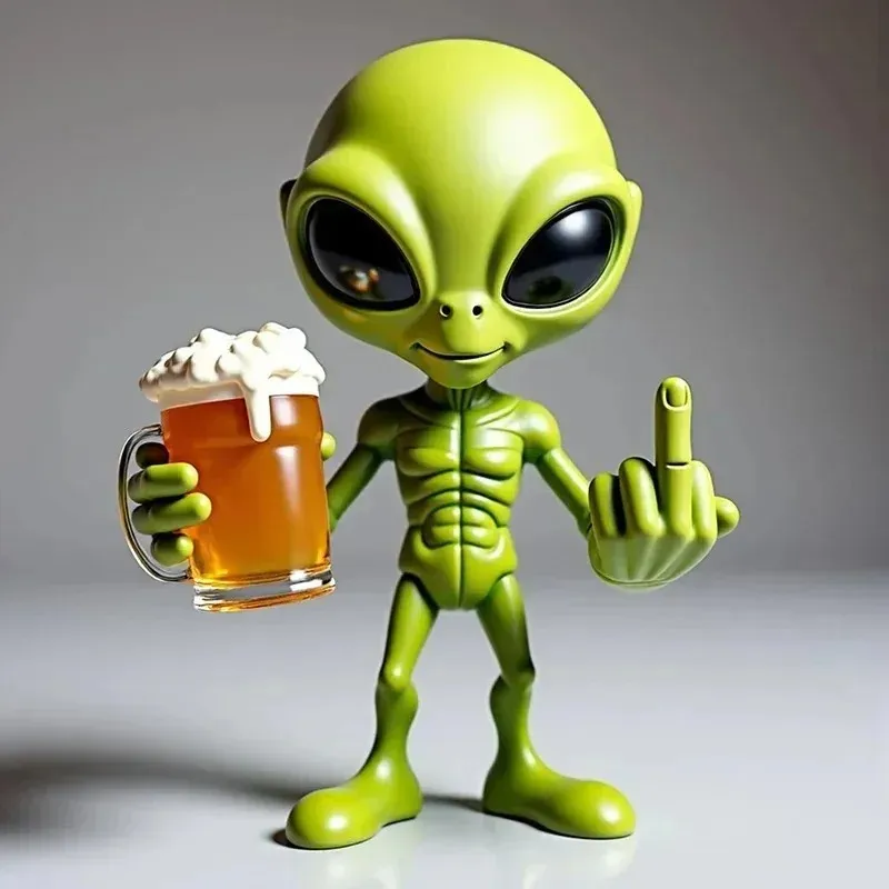 resin alien figurine middle finger pose alien sculpture with beer funny vivid model ornament for outdoor garden yard decoration