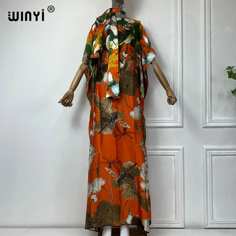 

NEW WINYI boho print african beach dresses for woman With belt Dubai Muslim Dashiki Caftan africa clothing holiday evening dress