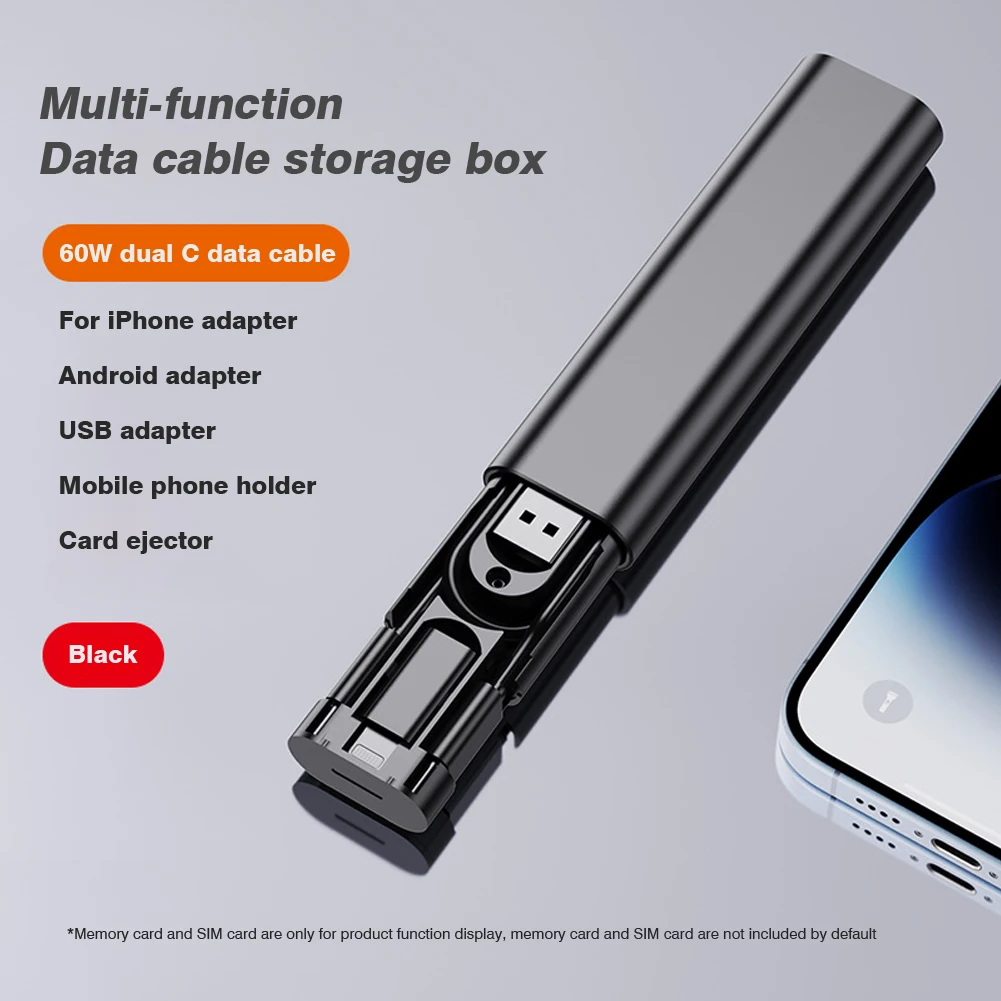 6 In 1 Multifunctional Data Cable Storage Box 60W Dual Type-C Data Cable Storage Box Lightning Android Interface Supporting Use