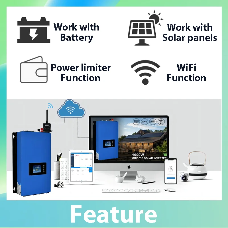 2000W Solar Grid Tie Inverter DC 45V-90V Charge From Solar Panel Or Battery On Grid Tie With WIFI Limiter AC 220V 230V 2KW