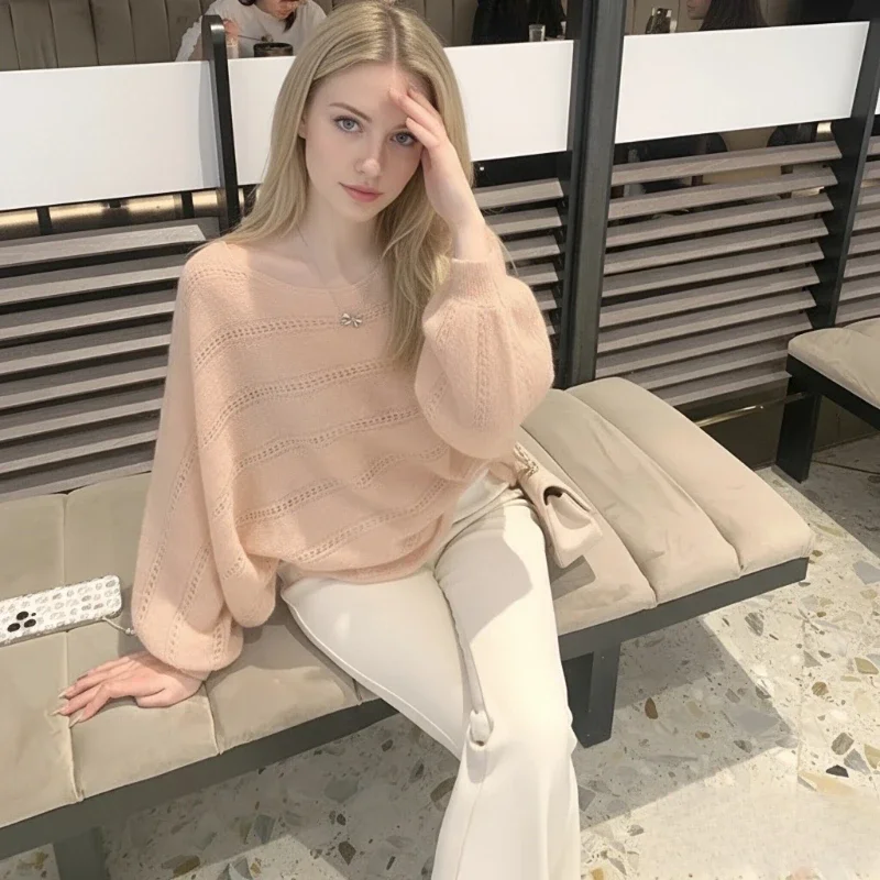 موضة الجوف خارج رقيقة محبوك سترة الحلو س الرقبة فانوس كم سترة عادية الصلبة تريكو الخريف الملابس النسائية الجديدة