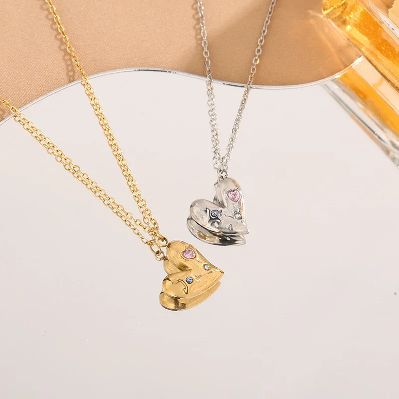 Stainless Steel Chain Classic Shiny Colorful Zircon Love Pendant Necklace for Women Lady Vintage Jewelry Accessories Gifts