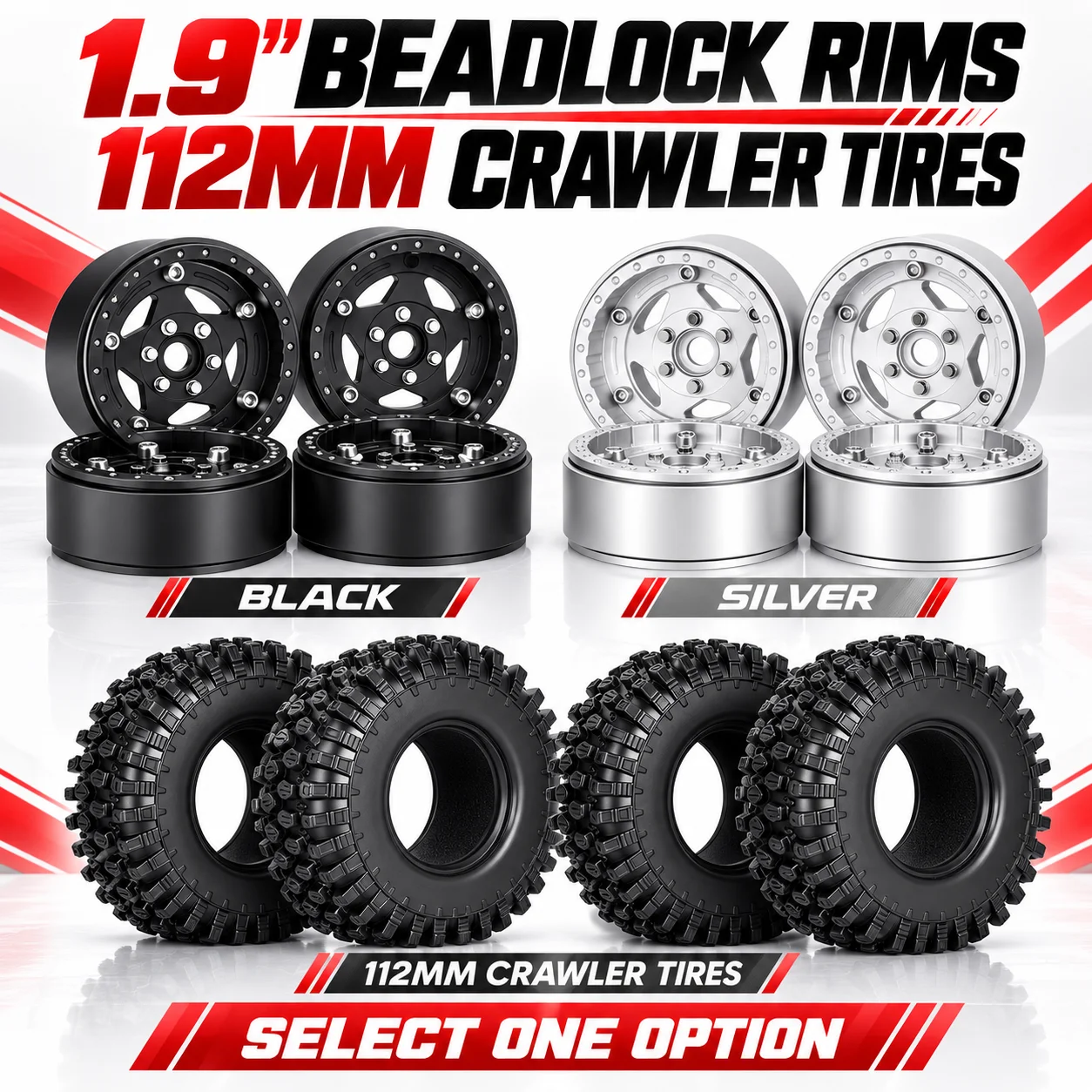 4PCS 1.9 Inch CNC Beadlock Wheel Rims 5 Spoke 12mm Hex or 112mm Tires for 1/10 RC Crawler Axial SCX10 TRX4 TRX6 Capra Redcat D90