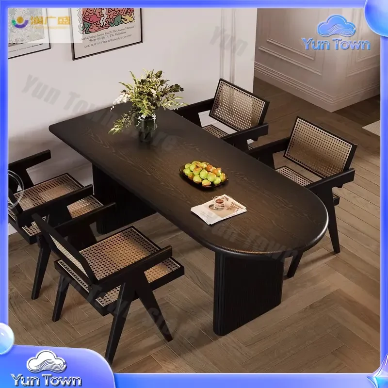 Oval Solid Wood Dining Table and Chair Combination for Small Apartment Household Rectangular Designer Dining Table Island
