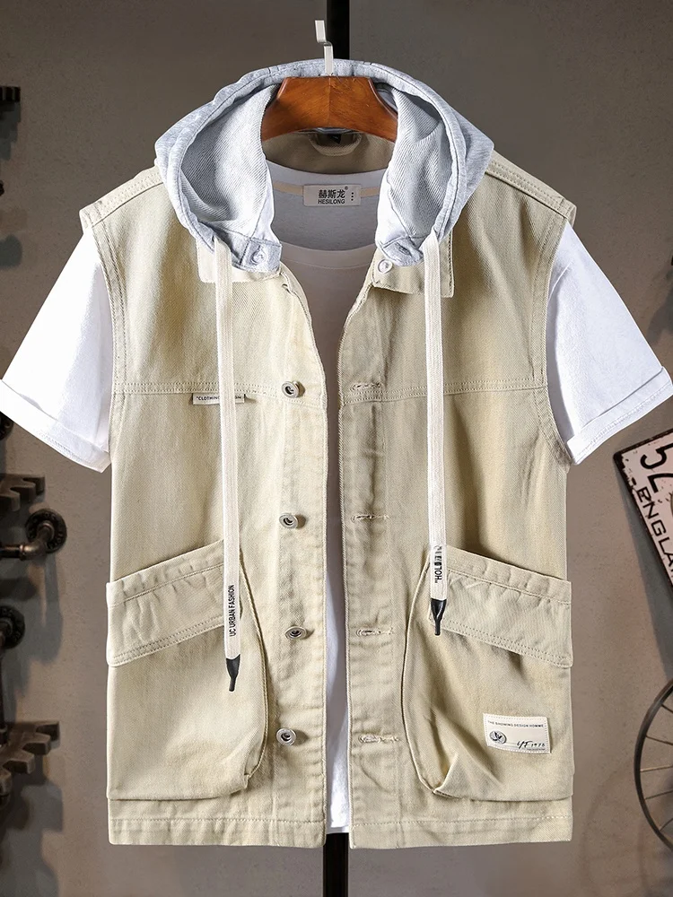 

Outdoor Workwear Vest Men's Spring Autumn Light Color Large ket Exterior Wear Svel Hooded Casual Vest