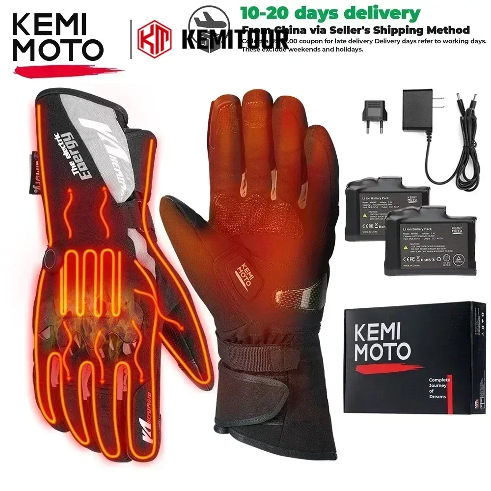 KEMIMOTO Heated Gloves For Snowmobile Winter Moto Heated Gloves Warm Waterproof Rechargeable Heating Thermal Gloves Outdoor UTV