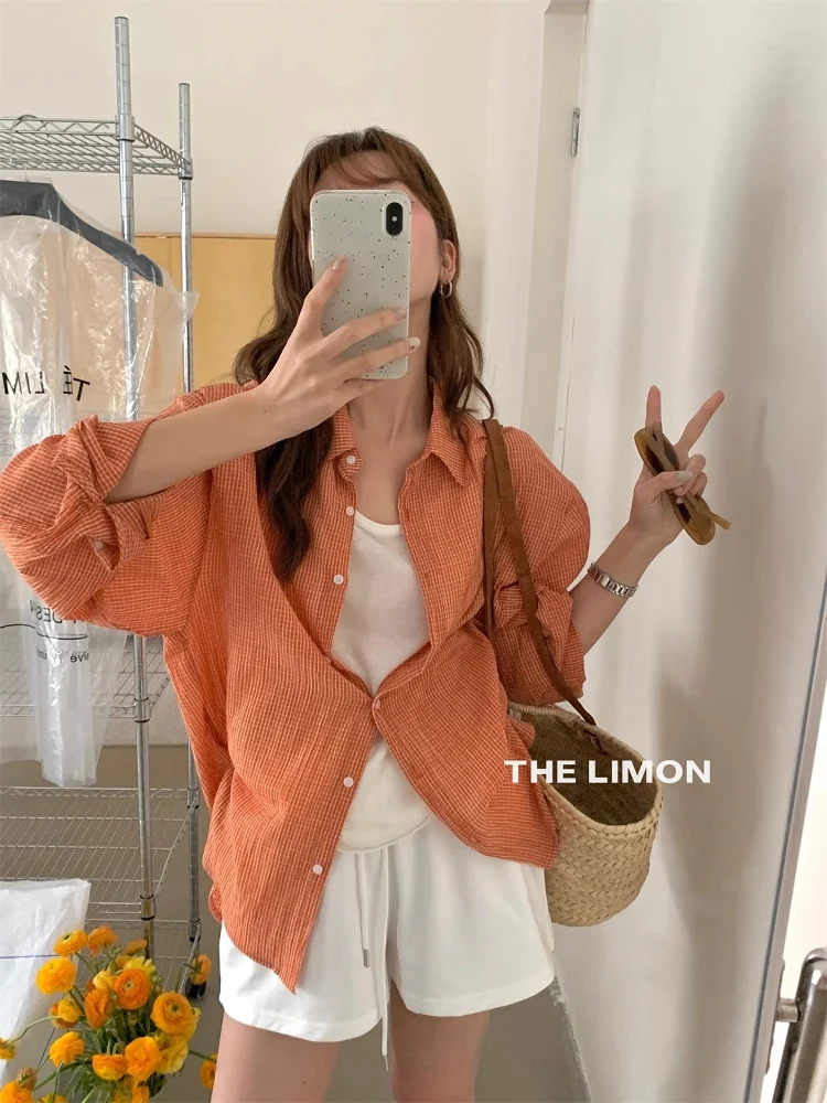 

Summer New Plaid Loose Women's irt Korean Sle White Enhancing Sun Protection Long Sve Collar Regular Length