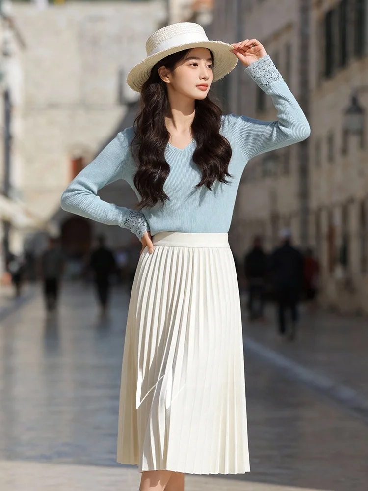 

Slimming Effect Knitted Set V-Neck Long Sleeve High Waist A-Line Skirt Casual Wear Polyester Nylon Wool Blend Spring New Arrival