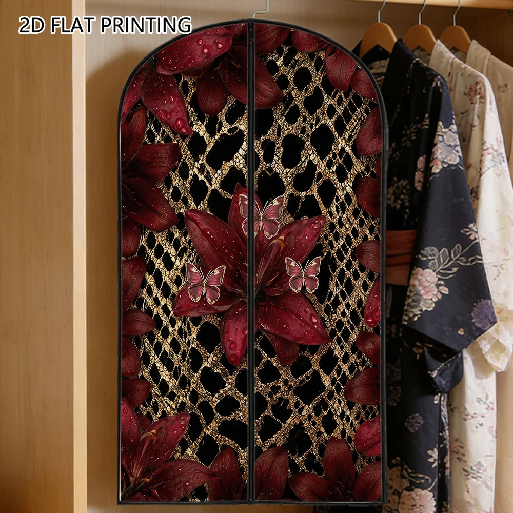 1pc burgundy lily butterfly Compressed Dust Cover Clothes Compression Hanging Storage Bag Household Wardrobe Organizer