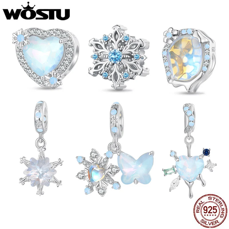 WOSTU 925 Sterling Silver Blue Snowflake Pendant Ice Snow Rainbow Heart Charm Beads Fit DIY Bracelet Necklace Xmas New Year Gift