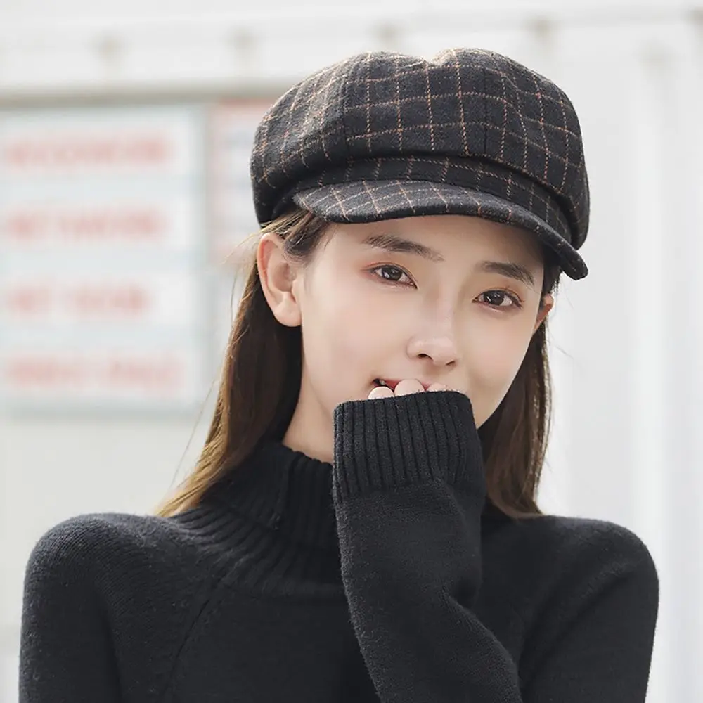

Retro Autumn Female Street Style Wool Keep Warm Plaid Beret Octagonal Hat Painter Hat Women Caps