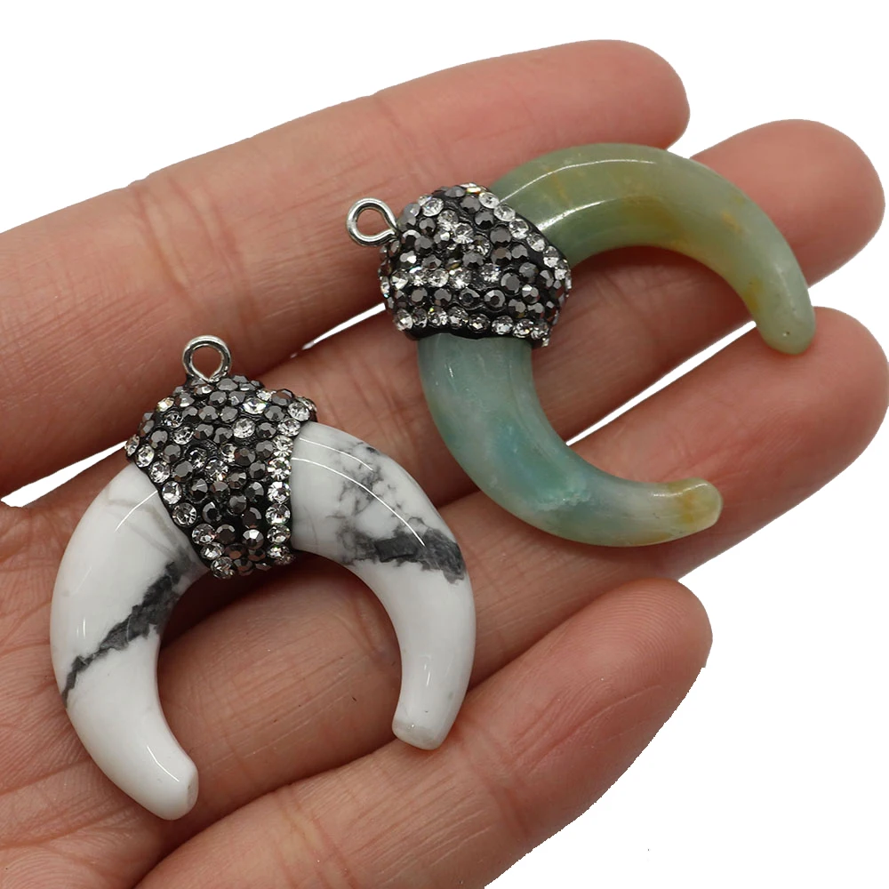 Natural Stone Pendants Amazonite Agate Bull Horn Charms for Jewelry Making DIY Necklace Moon Shape Lapis Lazuli Howlite