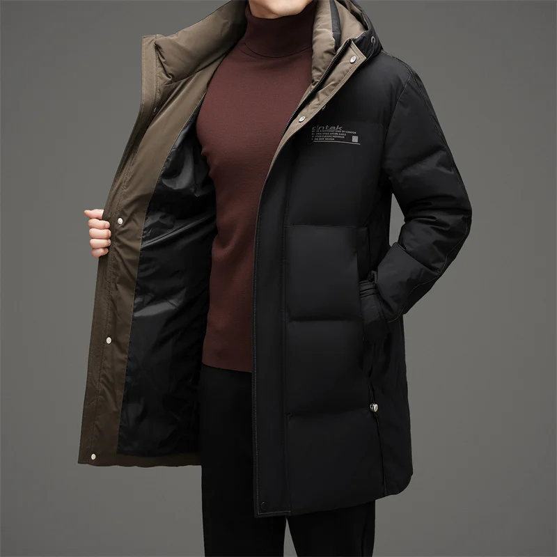 Mid-Length Hooded Duck Down Jackets 2024 Winter Men\'s Windproof Loose Warm Top Puffer Coats Outwear Casual Thicken Down Clothing