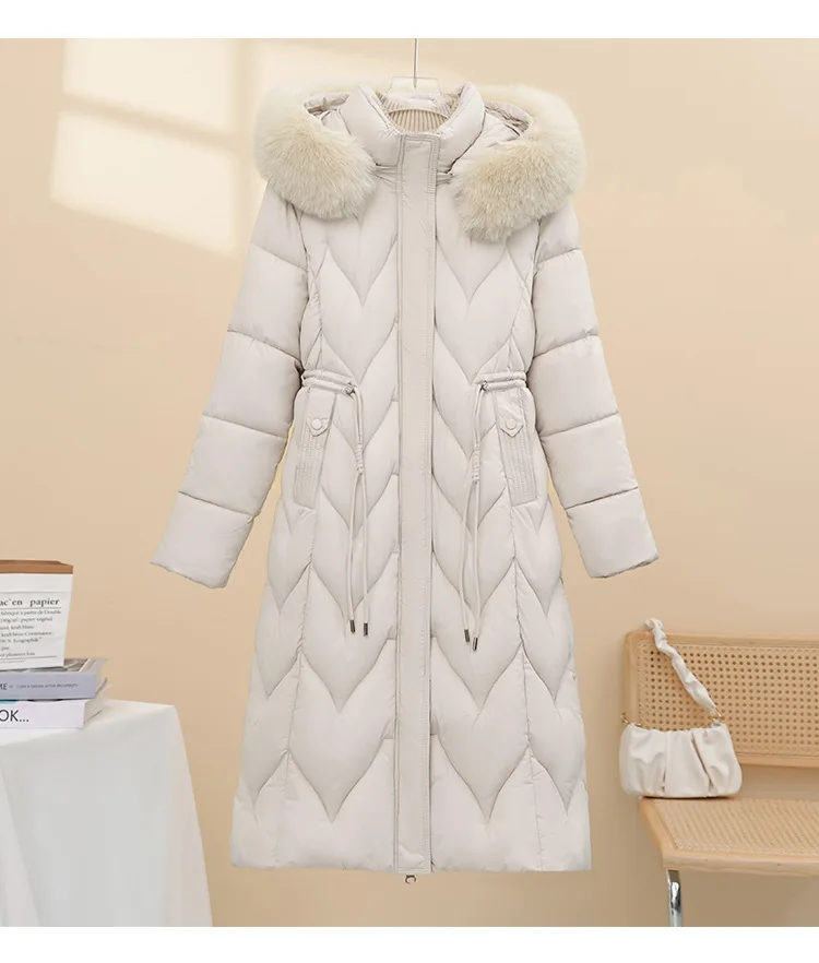 Parkas Hooded Women Fur Collar Drawstring Thick Warm Coats Zipper Pockets Midi Length Jackets Solid Casual Autumn Winter